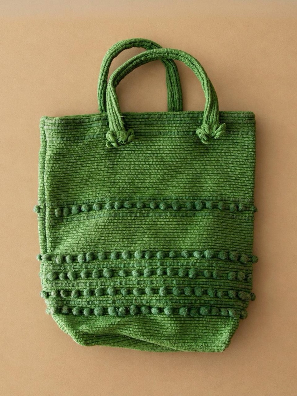 Arrowcraft handcrafted olive green knit tote bag with pom pom detailing 🌿
